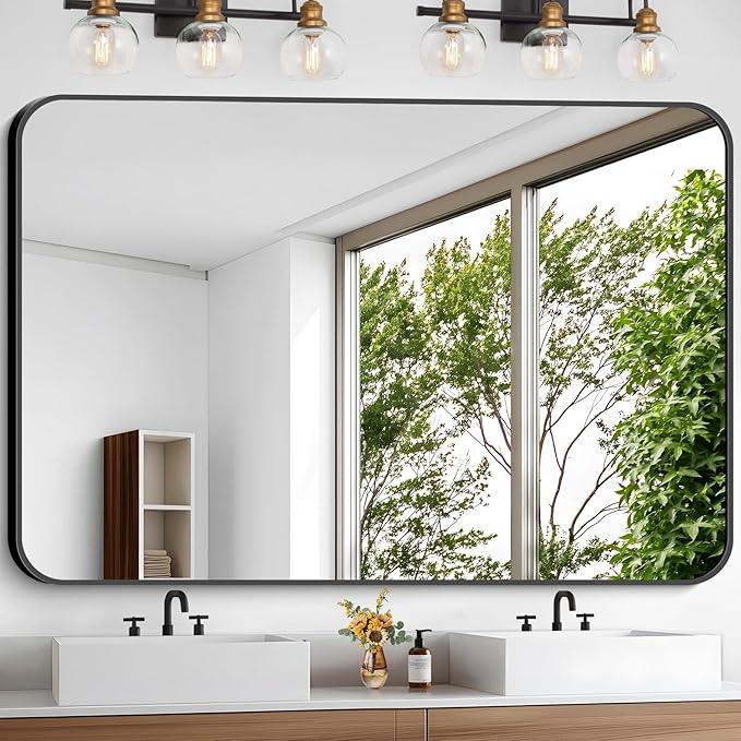 CIVENO Large Bathroom Mirror, 60 x 40 inch Black Rectangle Mirror, Metal Framed Rectangular Vanity Mirror, Rounded Corner Wall Mounted Mirror for Over Sinks Bedroom Living Room Horizontal/Vertical - ModernBath