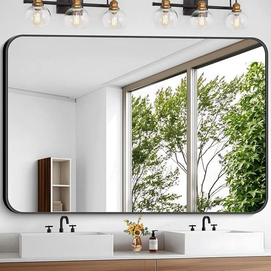 CIVENO Large Bathroom Mirror, 60 x 40 inch Black Rectangle Mirror, Metal Framed Rectangular Vanity Mirror, Rounded Corner Wall Mounted Mirror for Over Sinks Bedroom Living Room Horizontal/Vertical - ModernBath