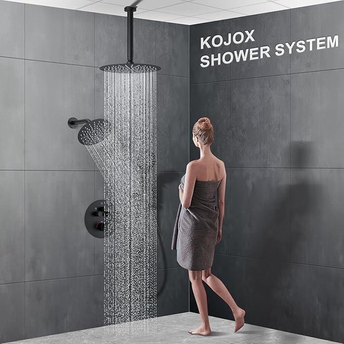 KOJOX Matte Black Thermostatic Shower System, Push Button Diverter Shower Faucet Set with 12" Ceiling Mount Rain Shower, 8" Wall Mount Shower Head, and 3-in-1 Handheld Spray - ModernBath