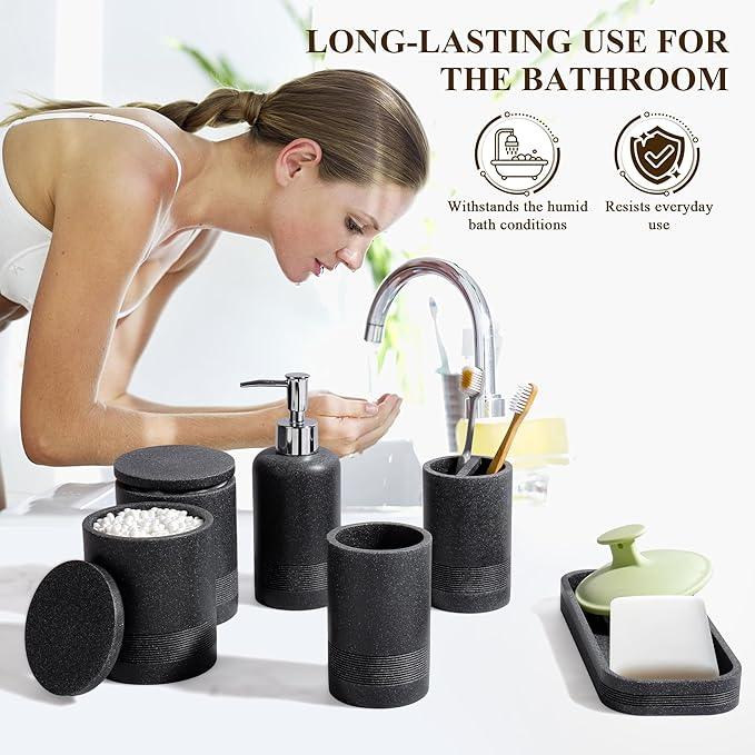 Bathroom Accessories Set, 6-Piece Bathroom Accessory Set, Toothbrush Holders Set, Soap Dispenser, Vanity Tray, Tumbler, Cotton Swab Jars, Bathroom Organizer for Modern Bathrooms(Black) - ModernBath