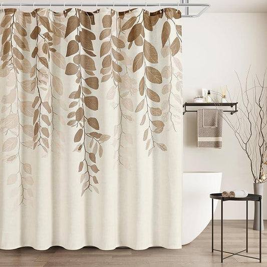 BOODII Tan Linen Shower Curtain for Bathroom Khaki Eucalyptus Leaves Shower Curtain Set with Hooks Watercolor Floral Plant Leaf for Bath Natural Waterproof Fabric Bathroom Decor, 72x72 - ModernBath