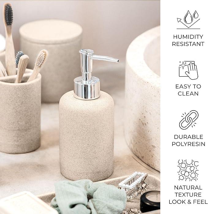 ZCCZ Beige Bathroom Accessories Set 6 Pieces - Toothbrush Holder, Lotion Dispenser, Qtip Container, Vanity Tray, Tumbler - Countertop Organizer for Bathrooms - Elegant and Functional Décor Set - ModernBath