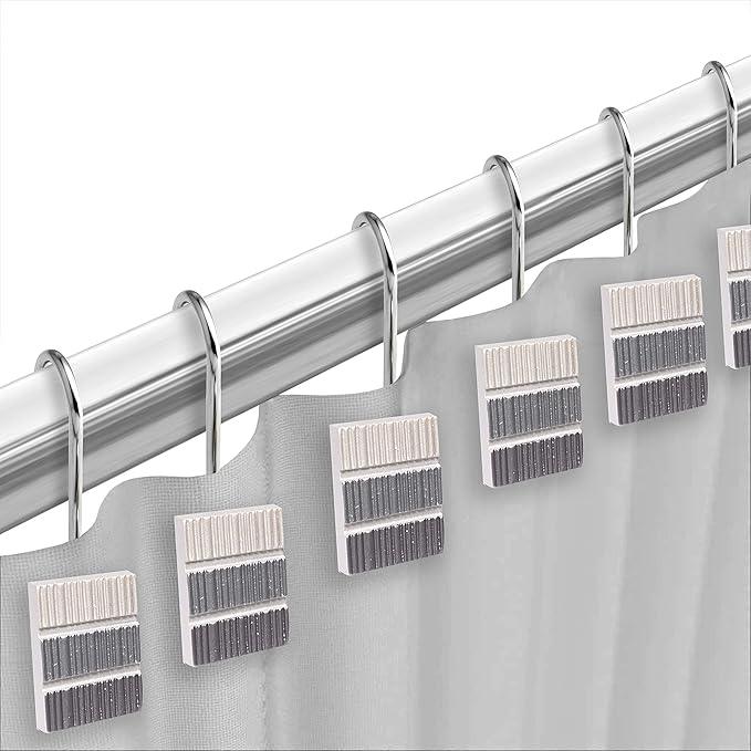 Zahari Home 13pc Modern Line Shower Curtain Set - Gray Luxury Contemporary Shower Curtains with Unique Design & 12 Hooks - ModernBath