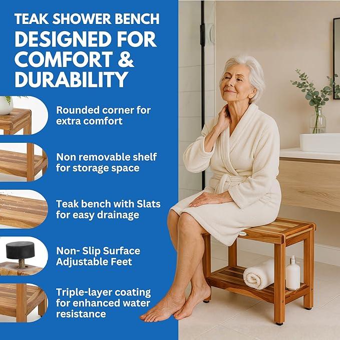 EcoDecors Eleganto 24 Inch Natural Color Waterproof Teak Wood Shower Bench Stool Seat Chair For Inside Shower Provides Safety, Storage, and Organization For Bathroom Accessories - ModernBath