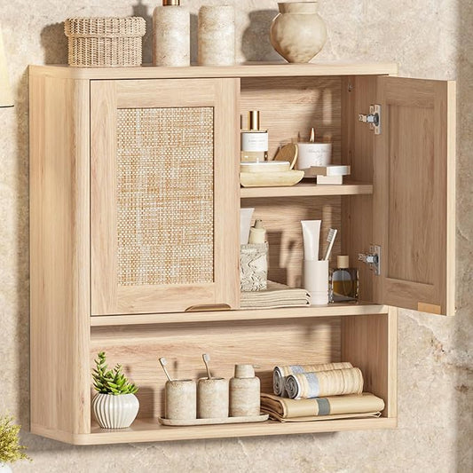 LEYAOYAO Rattan Bathroom Wall Cabinet, Boho Medicine Cabinet with Adjustable Shelf & Doors, Over The Toilet Storage Cabinets Organizer for Laundry Room, Kitchen, Living Room, Natural