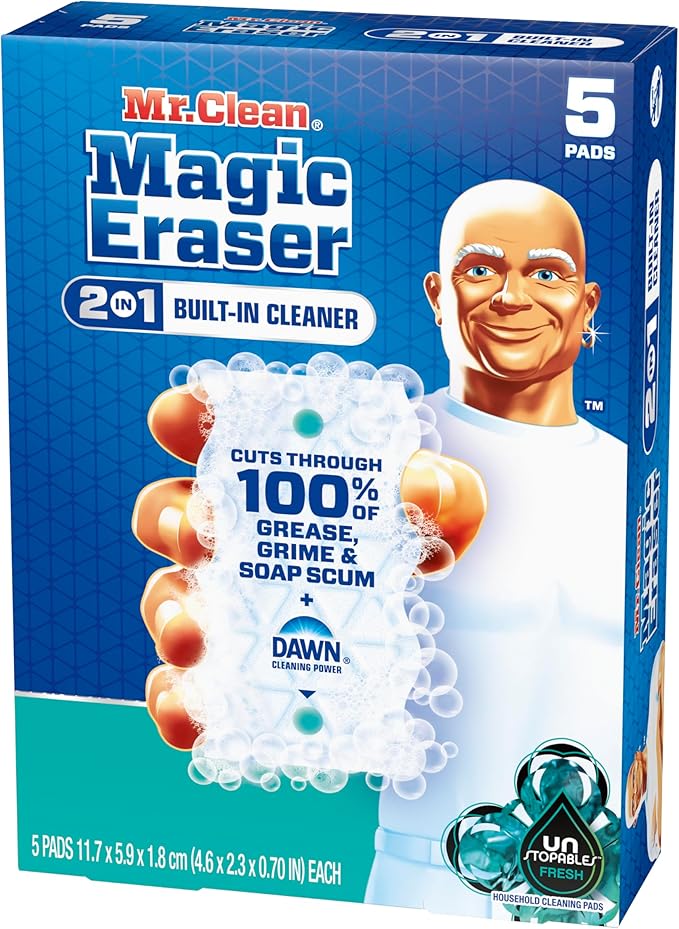 Mr. Clean Magic Eraser Foaming Sponge, All Purpose Cleaner, Dawn Cleaning Power, Wall, Sneaker, Oven Cleaner, Kitchen, Bathroom, Shower Cleaning Supplies, Scrubber, Ultra Foamy, 5ct