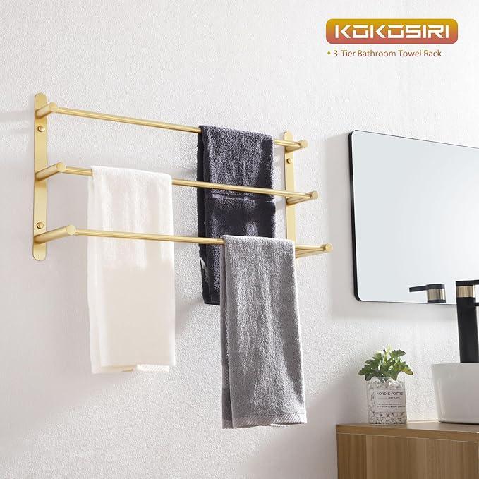KOKOSIRI Bath Towel Bars Bathroom 3-Tiers Ladder Towel Holder Rails Wall Mounted Towels Shelves Rack Stainless Steel, Brushed Gold, B5002BG-L24 - ModernBath