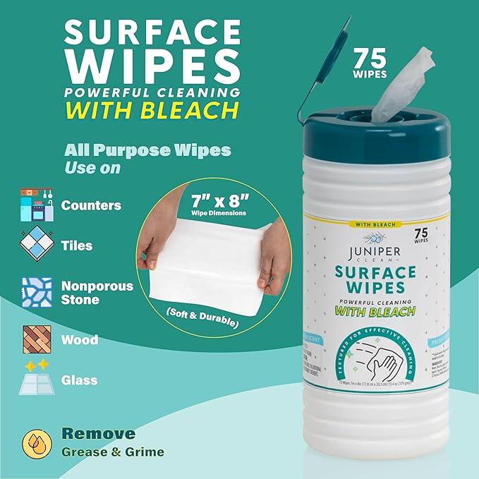 Juniper CLEAN 4 Pack Surface Cleaning Wipes with Bleach, All-Purpose Cleaner for Bathroom, Kitchen, Office, 300 Count Canister, 7.5" x 7" Sheet, Fresh Scent, Lint Free & Durable - ModernBath
