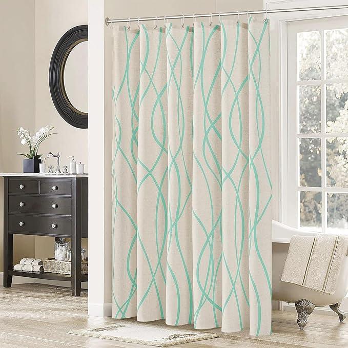 Mint Green Modern Farmhouse Linen Shower Curtain, Country Cottage Bathroom Decor Striped Minimal Boho Textured Linen Shower Curtain Set with Hooks, 72x72 - ModernBath