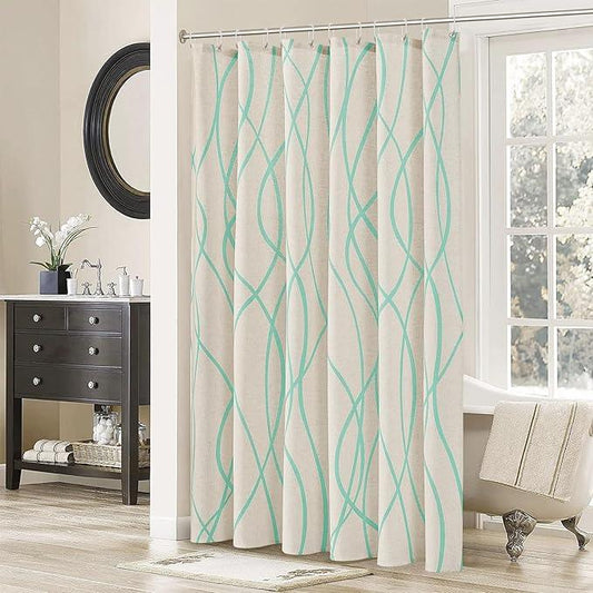 Mint Green Modern Farmhouse Linen Shower Curtain, Country Cottage Bathroom Decor Striped Minimal Boho Textured Linen Shower Curtain Set with Hooks, 72x72 - ModernBath