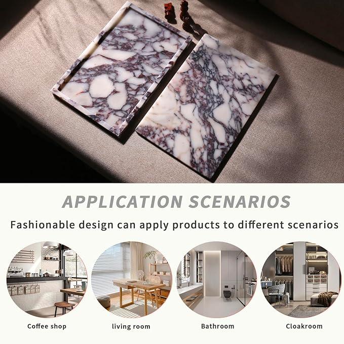 Real Luxurious Natural Marble Vanity Tray Genuine Marble Storage Tray for Home Decor Stone Tray for Bathroom/Kitchen/Vanity/Dresser Non-Resin/Non-Ceramic/Viola Tablet Set - ModernBath
