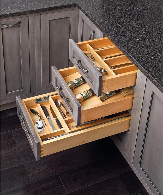 Rev-A-Shelf Trim-to-Fit Silverware Drawer Organizer for Kitchen Utensil Cutlery Cabinet Storage, Natural Maple Wood 9 Compartment Tray Insert, 4WCT-3 - ModernBath