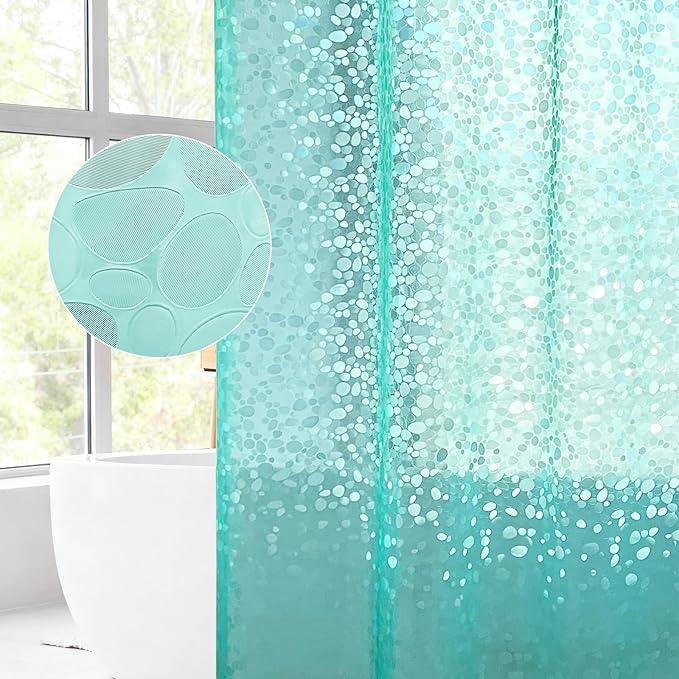WELTRXE 8G EVA Clear Teal Shower Curtain with 3D Pebbles Design, 72x72 Inches Plastic Waterproof Shower Curtain Liner with Magnets/12 Hooks/Rustproof Grommets for Bathroom, Heavy Shower Liner - ModernBath