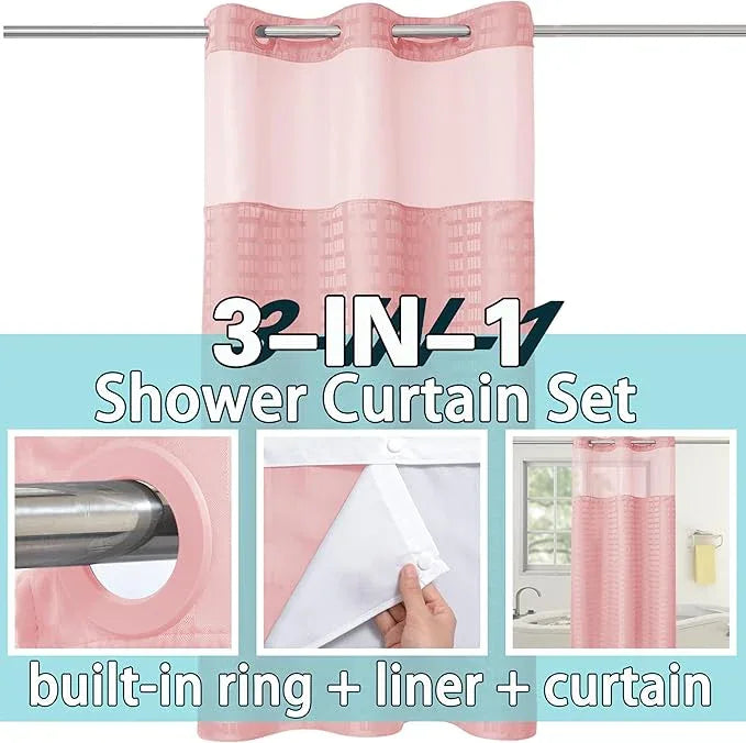 Conbo Mio Stall No Hook Shower Curtain with Snap in Liner Set, Hotel Luxury Pink Shower Curtains for Bathroom with See Through Top Window, Waterproof, Washable 36W x 74H - ModernBath