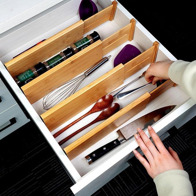 Utoplike Bamboo Dresser Drawer Dividers, 4'' High Adjustable Drawer Organizers for Clothing, Spring Loaded, Works in Kitchen, Bathroom, Bedroom, Drawer, Desk, 4 pcs - ModernBath