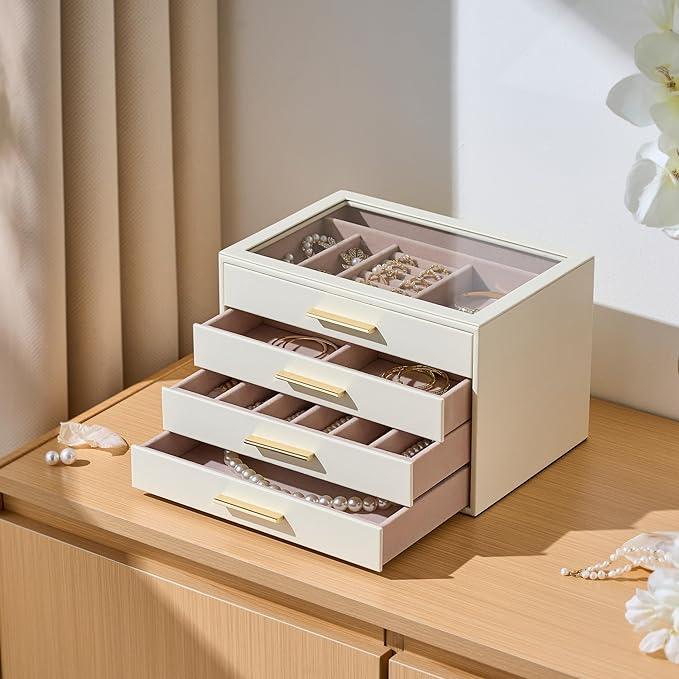 pickpiff Jewelry Box Organizer Case for Women: 4-Layer Jewelry Storage Case with Glass Window, Ivory Leather with Pink Velvet, Holder for Ring Necklace Bracelet Brooch Watch, Great Gift for Her - ModernBath