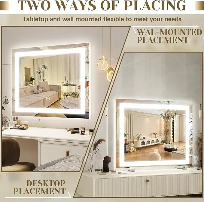 ROLOVE 22x20 Inch Lighted Vanity Mirror, 3-Mode Touch Dimming LED Lighting, Large Makeup Mirror for Dressing Room, Tabletop or Wall-Mounted, White - ModernBath