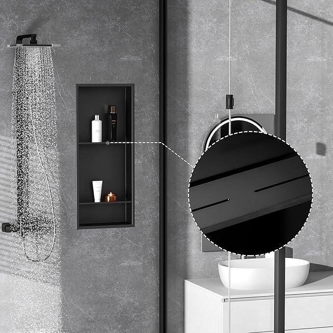 Qeke Stainless Steel Shower Niche 12" X 29", No Tile Needed Wall Niche Three-Tier, Recessed Shower Shelf for Bathroom Storage, Matte Black - ModernBath