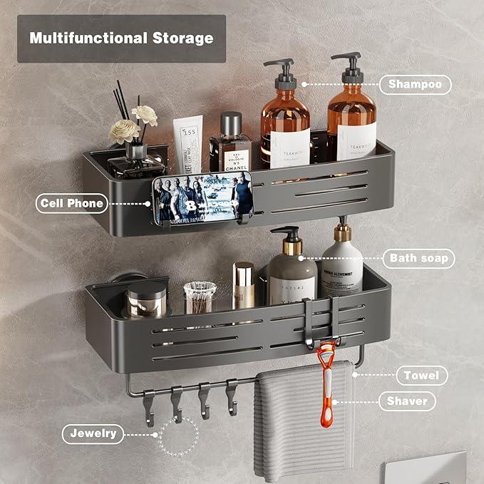 Voldra Shower Caddy Suction Cup, 1 Pack Shower Shelves for Inside Shower No Drilling, Aluminum Suction Showers Organizer with Towel Bar & Hooks Removable Bathroom Shelf Storage Rack(Gray) - ModernBath