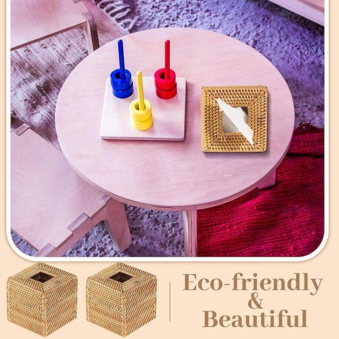 Kigley 2 Pcs Square Rattan Tissue Box Cover Boho Wicker Tissue Cube Box Cover 5.5'' x 5.5'' x 5.5'' Decorative Natural Wicker Hand Woven Napkin Box Holder Bathroom Office Car Accessories (Wood) - ModernBath