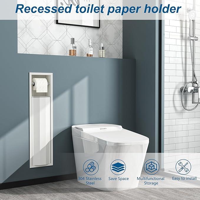 Neodrain Recessed Toilet Paper Holder, White Toilet Tissue Holder with Curved Door, 304 Stainless Steel Bathroom Storage Cabinet for Toilet Paper Roll, Perfect Depth for Amarica Drywall - ModernBath