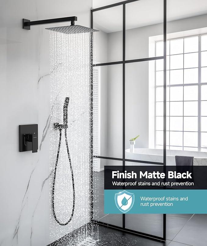 SR SUN RISE Shower System Bathroom 10 Inch Rainfall Shower Head & Handle Set Wall Mounted Rain Shower Faucet Set Matte Black - ModernBath