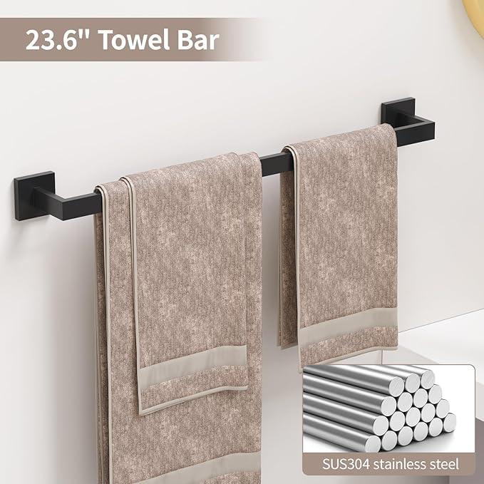 23.6 Inch SUS304 Stainless Steel Bathroom Hardware Set - 10-Piece Wall-Mounted Towel Bar, Holder & Racks - Matte Black - ModernBath