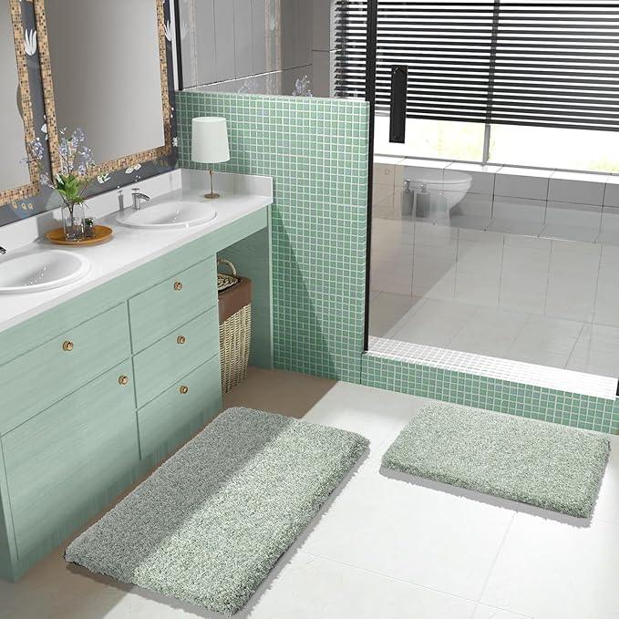 Yimobra Bathroom Rug Set 2 Piece, Soft Absorbent Microfiber Bath Mat Set, Non Slip Machine Washable Dry, Plush Shaggy Shower Rugs for Bathroom Floor, 32"x20"+24"x17", Light Green and White - ModernBath