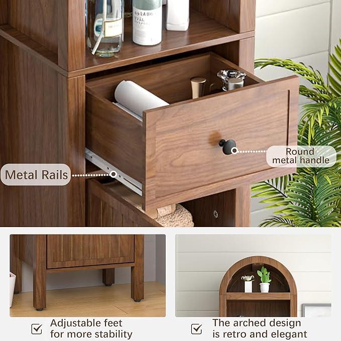 64" Tall Bathroom Storage Cabinet with Adjustable Shelves,Tall Narrow Arched Freestanding Tower Cabinet with Fluted Doors and Drawers,Space Saving Organizer for Bathroom Living Room (Walnut) - ModernBath