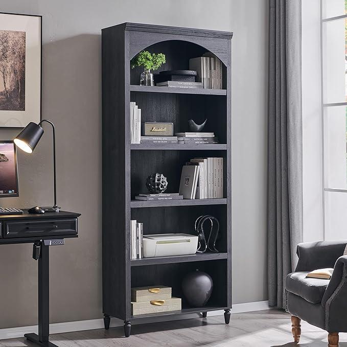 76" Tall Arched Bathroom Storage Cabinet, 5 Tiers Large Farmhouse Arched Cabinet w/Adjustable Shelves, Modern Wooden Storage Cabinet for Bathroom, Living Room, Entryway, Study Room (Dark Grey) - ModernBath