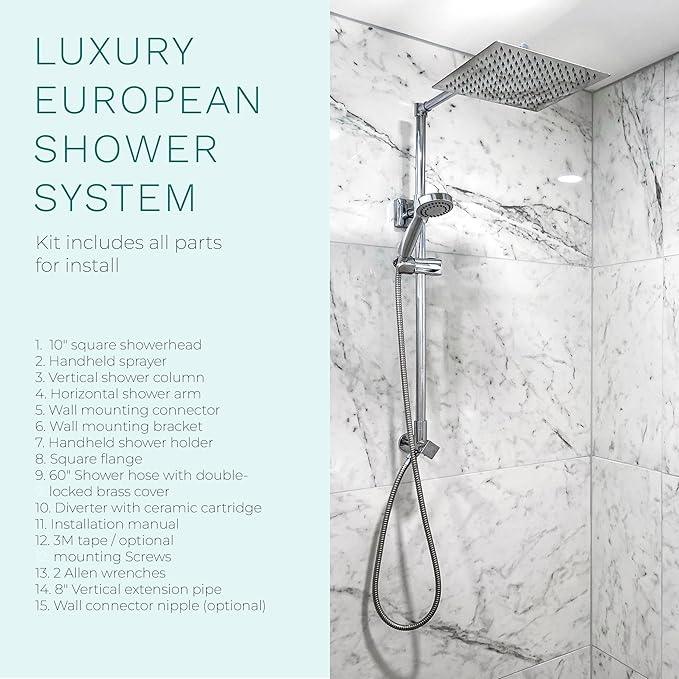 Fennocasa Polaris Lux Rain Shower System, includes 10” Square Rainfall Shower Head and Handheld Shower Combo, Height Adjustable Spray Holder, Retrofit, 60” Hose (2.5 GPM Chrome) - ModernBath