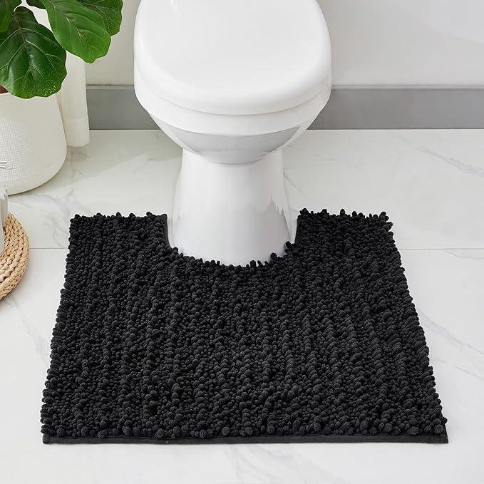 ILANGO Toilet Rugs U Shaped Black 24x24 Bathroom Rugs,Extra Soft Absorbent Chenille Bath Rugs,Thick Non-Slip Shaggy Bath Mat,Machine Washable Quick Dry Bath Mats for Toilet Contour - ModernBath