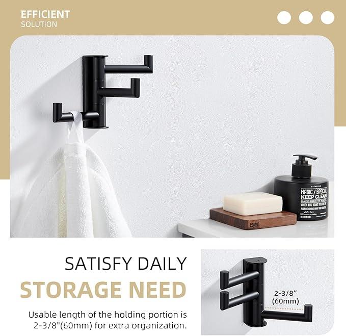 Angle Simple Swivel Towel Hook 3 Arms, SUS 304 Stainless Steel Foldable Bathroom Robe Towel Hook, Wall Coat Holder, Matte Black - ModernBath