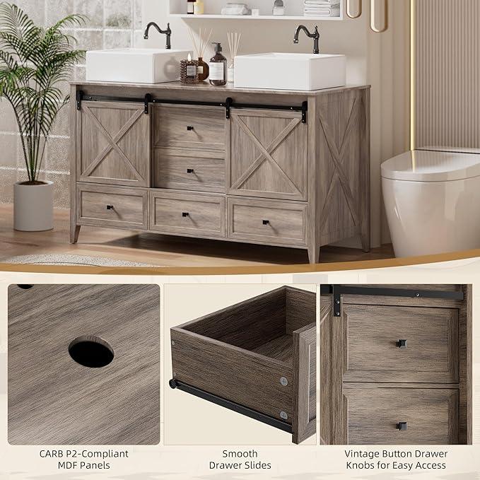 VNN Bathroom Vanity with Sink - 60 Inch Bathroom Vanity Double Sink Ceramic, Freestanding Cabinet with 2 Farmhouse Sliding Barn Doors and 5 Drawers, Space-Saving Storage Cabinet, Grey Wood Grain - ModernBath
