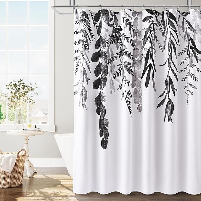 BOODII Black Plant Watercolor Shower Curtains 72 inches Long Floral Leaf Shower Curtain for Bathroom Botanical Leaves Black Eucalyptus Curtain Jungle Bathroom Decor 72x72 - ModernBath