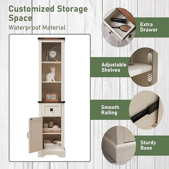 OKD Bathroom Storage Cabinet, Farmhouse Storage Cabinet with Adjustable Shelves & Drawer, Tall Linen Tower for Bathroom, Living Room, Rustic Oak with Antique White - ModernBath