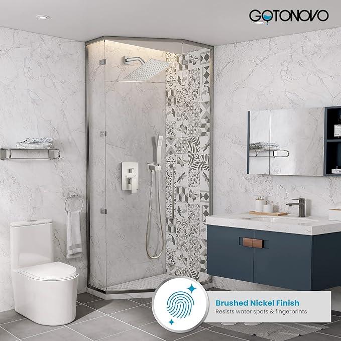 gotonovo Rainfall Bathroom Shower System Rain Shower Head and Handle Set Wall Mounted Shower Complete Combo Solid Brass Pressure Balancing Shower Mixer Valve 8 Inch Brushed Nickel - ModernBath