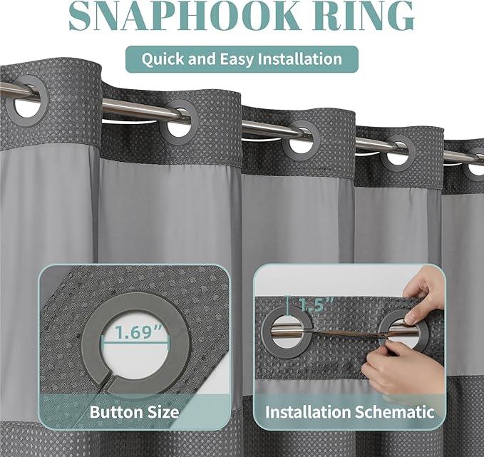 eachope Charcoal Grey Extra Long No Hook Waffle Weave Shower Curtain with snap-in Liner Replacement, 230GSM Waterproof Fabric Hotel Shower Curtain Set for Bathroom, Through Mesh Top Window,71Wx86H - ModernBath