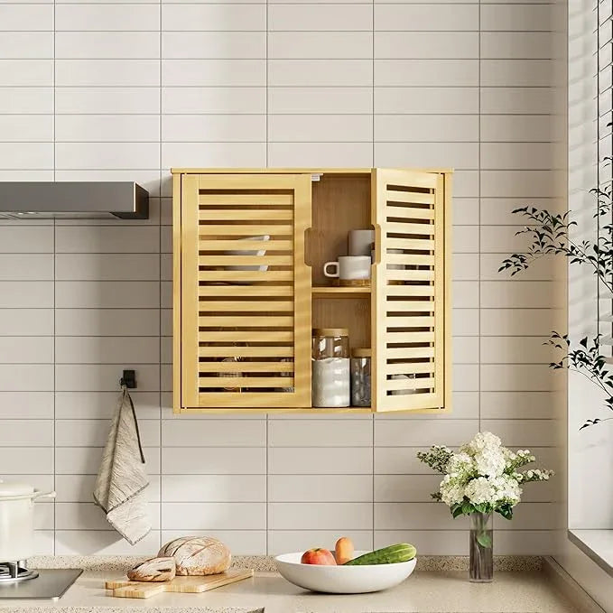 HITNET Bathroom Wall Cabinet, Medicine Cabinet Over The Toilet, Bamboo Hanging Storage Organizer with 2 Doors and Adjustable Shelf for Kitchen, Living Room, Natural - ModernBath