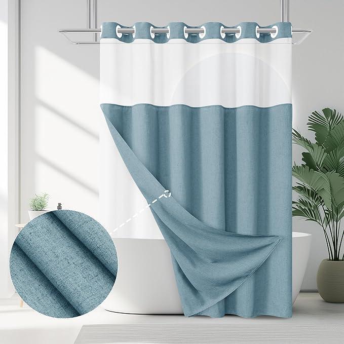 Jowels No Hooks Needed Linen Shower Curtain and Liner Set,Blue Hotel Luxury Decor Shower Curtains for Bathroom with See Through Top Window,Water Resistant Fabric,72Wx84L,Blue - ModernBath