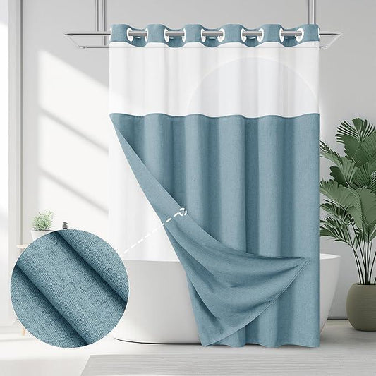 Jowels No Hooks Needed Linen Shower Curtain and Liner Set,Blue Hotel Luxury Decor Shower Curtains for Bathroom with See Through Top Window,Water Resistant Fabric,72Wx78L,Blue - ModernBath