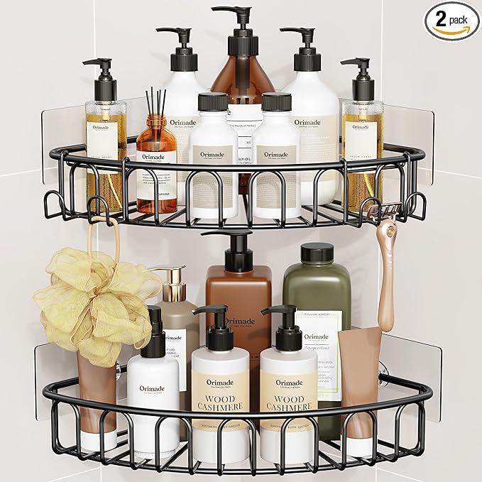 Orimade Corner Shower Caddy Stainless Steel with Hooks Wall Mounted Bathroom Shelf Storage Organizer Adhesive No Drilling 2 Pack, Black Only for 90-Degree Corner - ModernBath