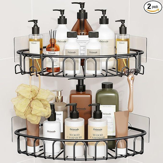 Orimade Corner Shower Caddy Stainless Steel with Hooks Wall Mounted Bathroom Shelf Storage Organizer Adhesive No Drilling 2 Pack, Black Only for 90-Degree Corner - ModernBath