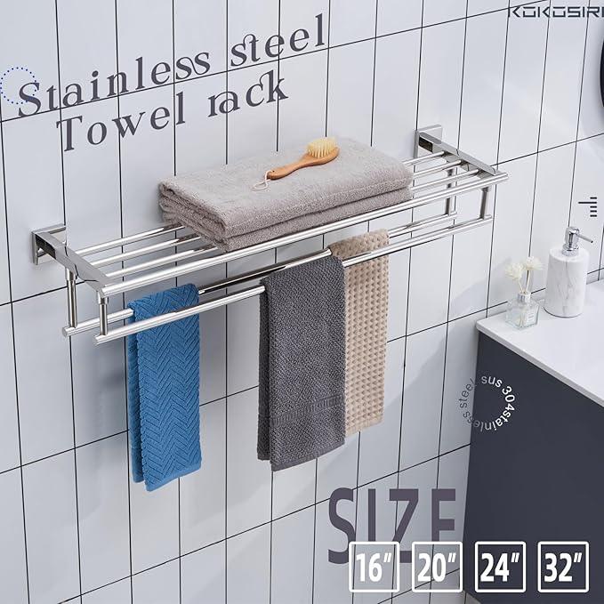 KOKOSIRI Bathroom Towel Rack Towel Holder 32 Inches Bath Towel Shelf with Double Towel Bars Wall Mounted, Polished Chrome Stainless Steel B6005CH-L32 - ModernBath