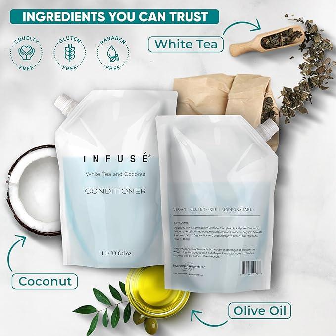 INFUSÉ 1 Liter Conditioner Refill Bag For Soap Dispensers | Bulk Toiletries for Vacation Rentals, and Home Bathroom Showers | White Tea and Coconut | Set of 3 - ModernBath