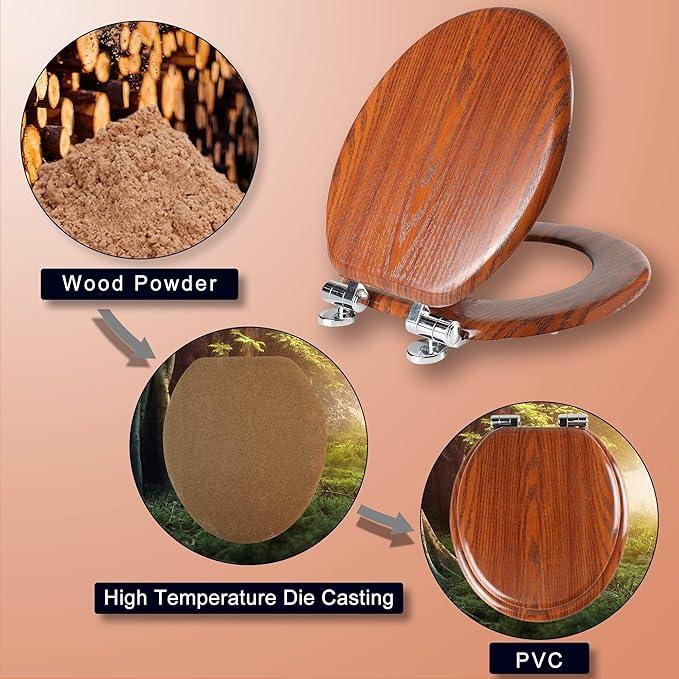 Round Toilet Seat Molded Wood Toilet Seat with Quietly Close and Quick Release Hinges, Easy to Install also Easy to Clean by Angol Shiold (Round, Brownish Red) - ModernBath
