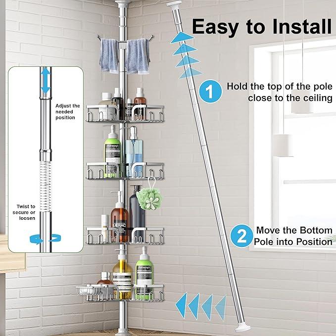 Corner Shower Caddy Tension Pole,39-113 inch Adjustable Rustproof Floor Standing Bathroom Shower Organizer Shelf with 4 Basket for Bathtub,Inside Shower Shampoo Storage Silver - ModernBath
