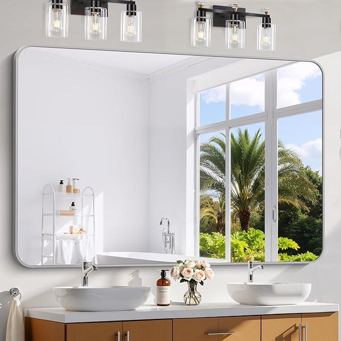 CIVENO 60x40 Inch Silver Bathroom Mirror, Large Rectangle Mirror, Metal Framed Rectangular Vanity Mirror, Rounded Corner Wall Mounted Mirror for Living Room Bedroom Entryway Horizontal or Vertical - ModernBath