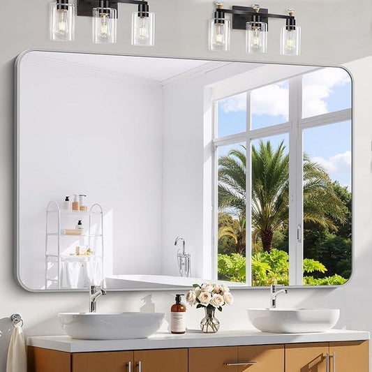 CIVENO 60x40 Inch Silver Bathroom Mirror, Large Rectangle Mirror, Metal Framed Rectangular Vanity Mirror, Rounded Corner Wall Mounted Mirror for Living Room Bedroom Entryway Horizontal or Vertical - ModernBath