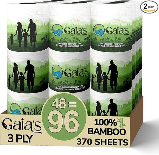 Gaias Premium and Soft Organic Bamboo Toilet Paper | 48 Mega Rolls, 3 Ply, 370 Sheets | FSC Certified, PFAS & BPA Free, Eco-Friendly, Sustainable Tissue - Plastic Free, Septic Safe, Vegan - ModernBath
